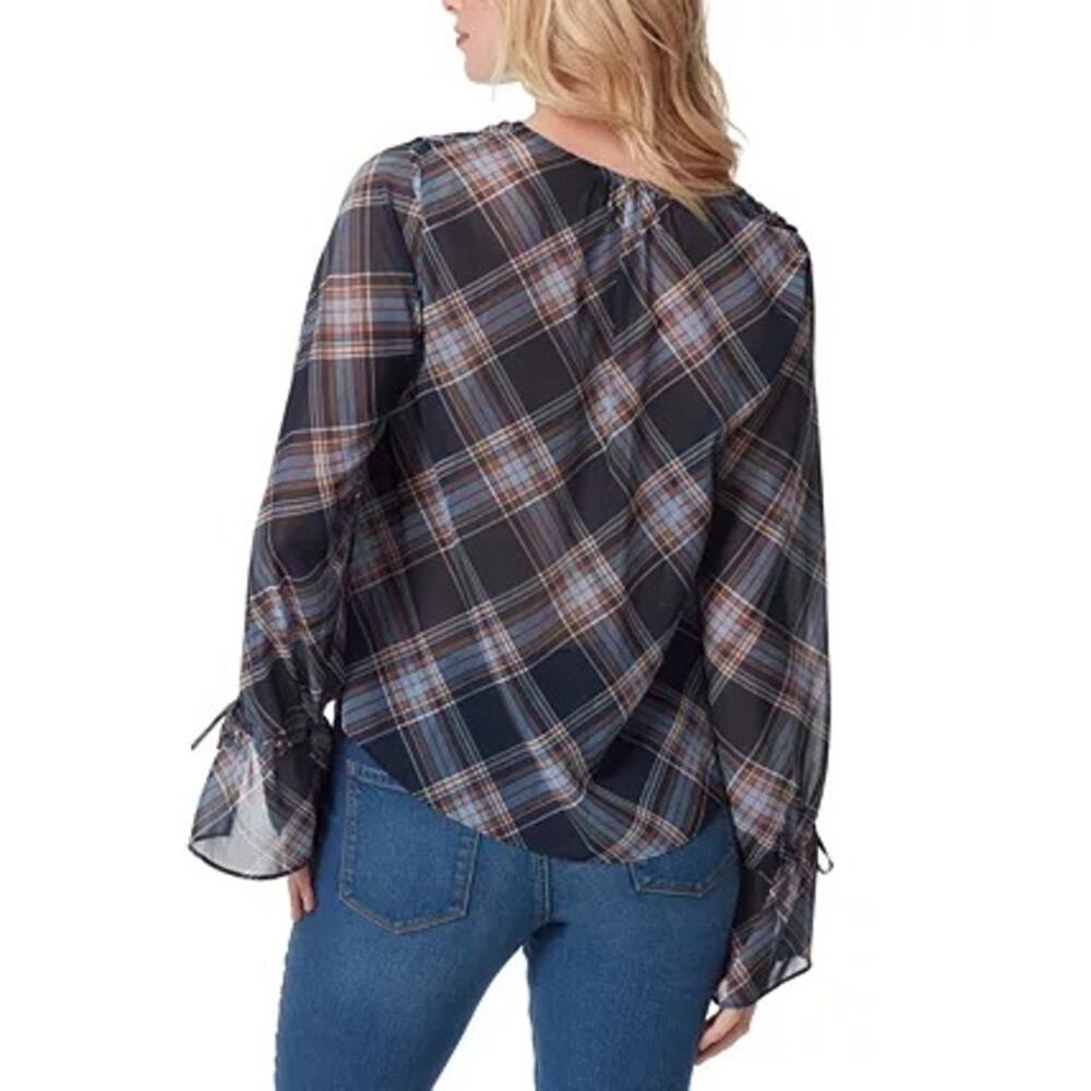 Jessica Simpson Womens Aurora Blouse Large Blue Plaid Long Sleeve V Neck NWT - Picture 2 of 11